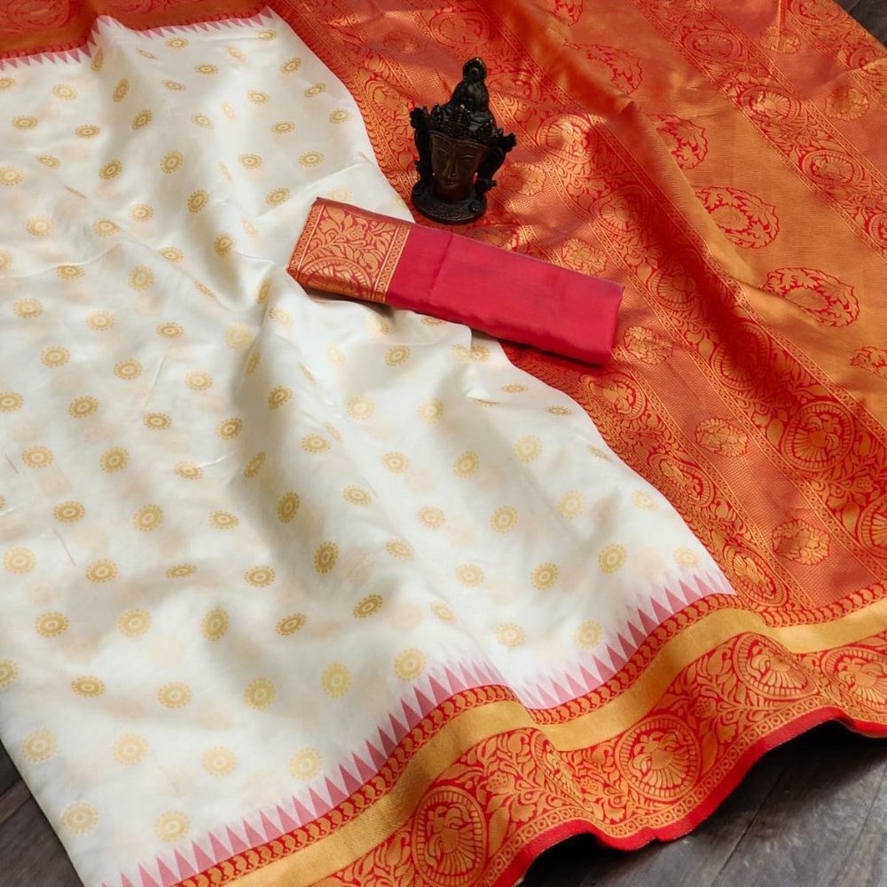 BEAUTIFUL WHITE AND RED SOFT SILK COMBINATION SAREE AND CONTRAST BLOUSE - Picture 8 of 9